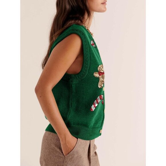 Women's Christmas Sweater Vests Santa Claus Print Sleeveless Knit Cardigan Vest - Picture 4 of 5